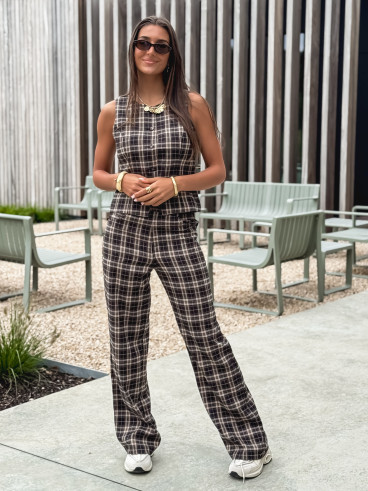 Pantalon à carreaux Gaëtane - Beige/Noir