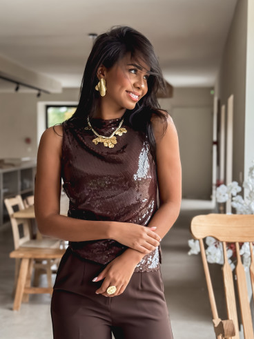 Blouse à sequins Zamora - Chocolat