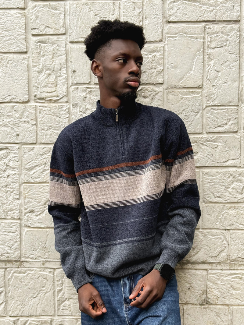 Pull Ligné Sylvan - Bleu marine/Taupe