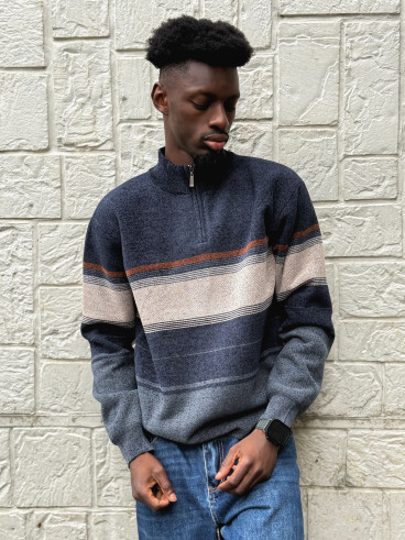 Pull Ligné Sylvan - Bleu marine/Taupe