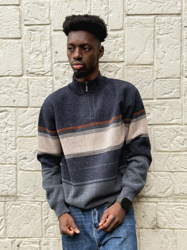 Pull Ligné Sylvan - Bleu marine/Taupe