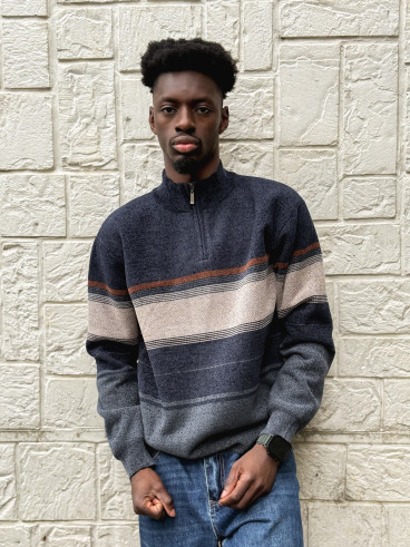 Pull Ligné Sylvan - Bleu marine/Taupe