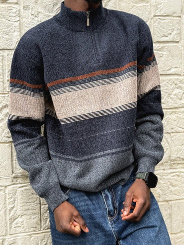 Pull Ligné Sylvan - Bleu marine/Taupe