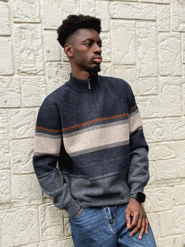 Pull Ligné Sylvan - Bleu marine/Taupe