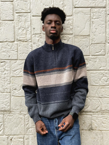 Pull Ligné Sylvan - Bleu marine/Taupe