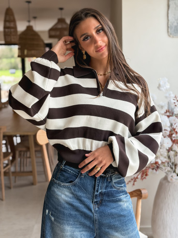 Pull ligné Naouel - Chocolat/Ecru