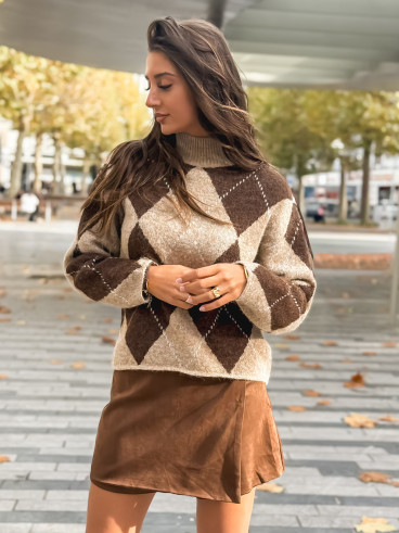 Pull à carreaux Esmera - Taupe/Chocolat Pull à carreaux Esmera - Taupe/Chocolat