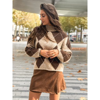 Pull à carreaux Esmera - Taupe/Chocolat