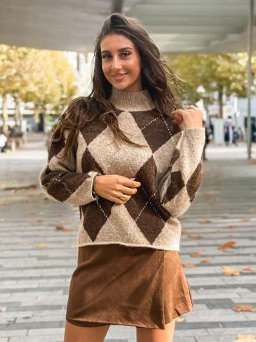 Pull à carreaux Esmera - Taupe/Chocolat Pull à carreaux Esmera - Taupe/Chocolat