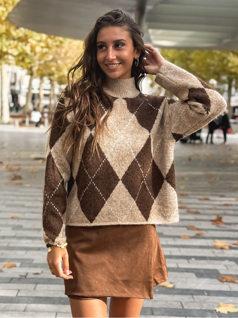 Pull à carreaux Esmera - Taupe/Chocolat Pull à carreaux Esmera - Taupe/Chocolat