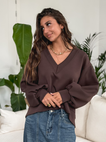 Pull col V  Justine - Chocolat
