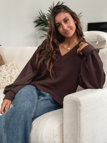 Pull col V  Justine - Chocolat