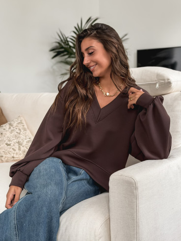 Pull col V  Justine - Chocolat