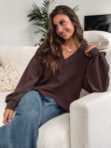 Pull col V  Justine - Chocolat