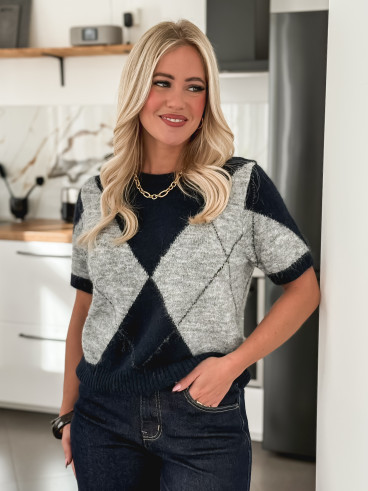 Pull à carreaux Edra - Gris/Bleu marine Pull à carreaux Edra - Gris/Bleu marine