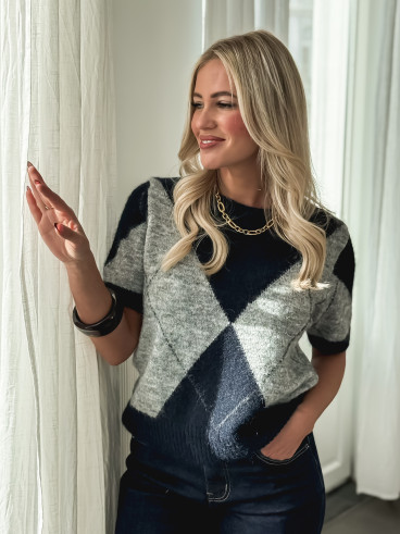 Pull à carreaux Edra - Gris/Bleu marine Pull à carreaux Edra - Gris/Bleu marine