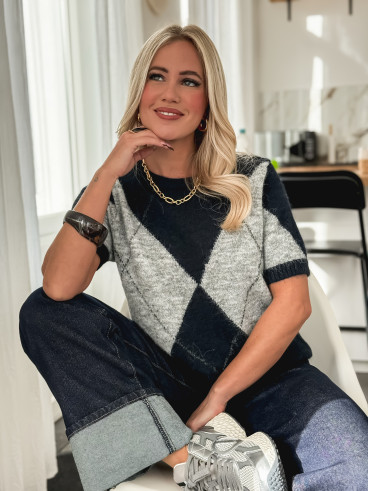 Pull à carreaux Edra - Gris/Bleu marine Pull à carreaux Edra - Gris/Bleu marine