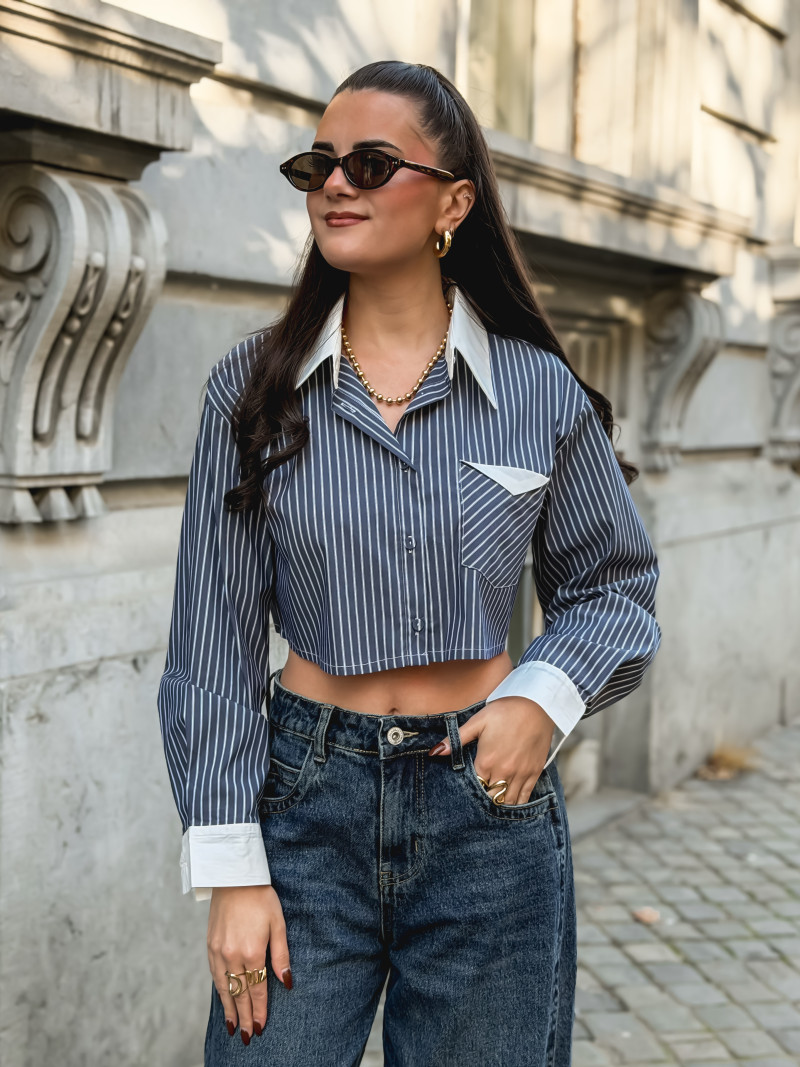 Crop chemise lignée Honorine - Bleu/Blanc