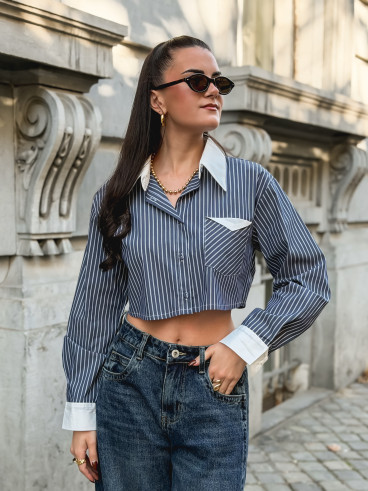 Crop chemise lignée Honorine - Bleu/Blanc