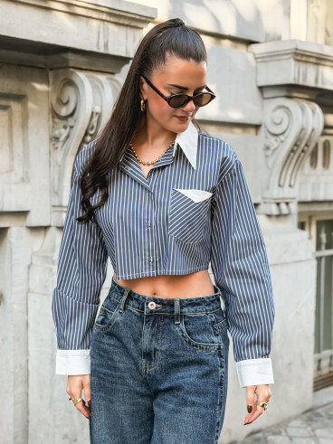 Crop chemise lignée Honorine - Bleu/Blanc