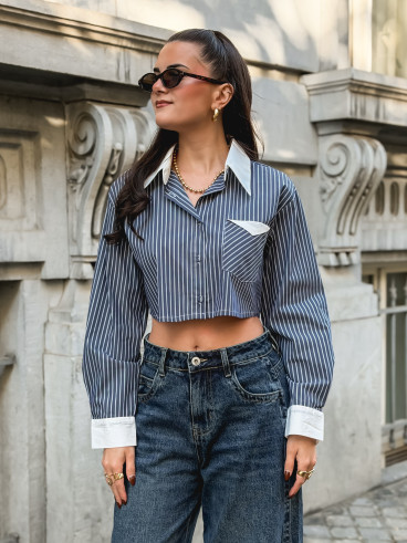 Crop chemise lignée Honorine - Bleu/Blanc