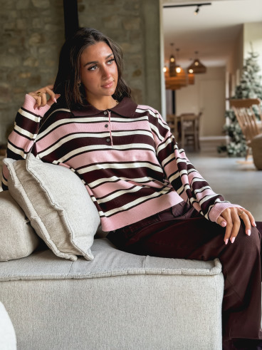 Pull ligné Célya - Rose/Chocolat