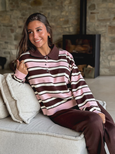 Pull ligné Célya - Rose/Chocolat