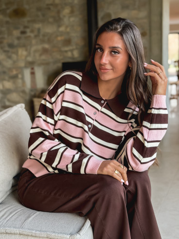 Pull ligné Célya - Rose/Chocolat
