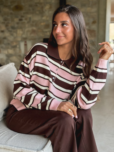 Pull ligné Célya - Rose/Chocolat