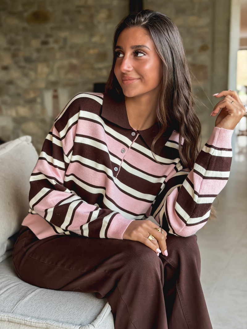 Pull ligné Célya - Rose/Chocolat