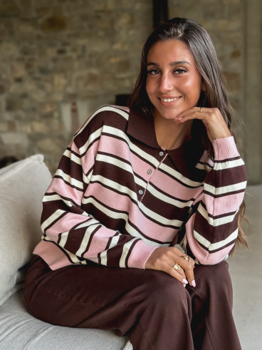 Pull ligné Célya - Rose/Chocolat