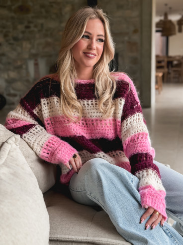 Pull ligné Lorana - Rose/Ecru