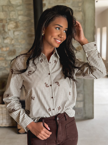 Chemise lignée Lysana - Ecru/Taupe