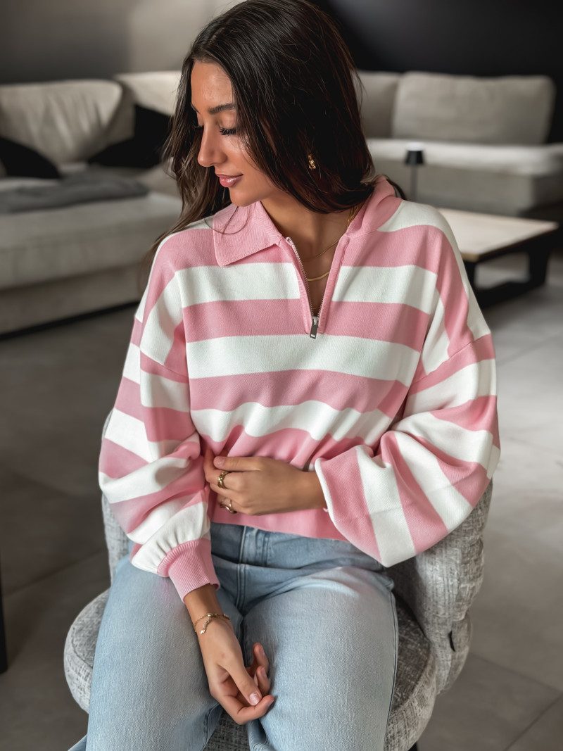Pull ligné Naouel - Rose/Ecru