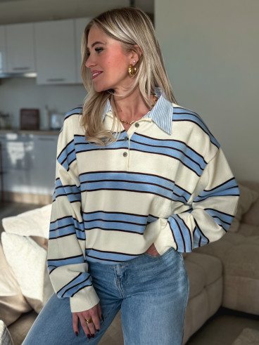 Pull ligné Marzya - Beige/Bleu