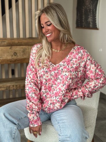 Pull à fleurs Patricia - Rose