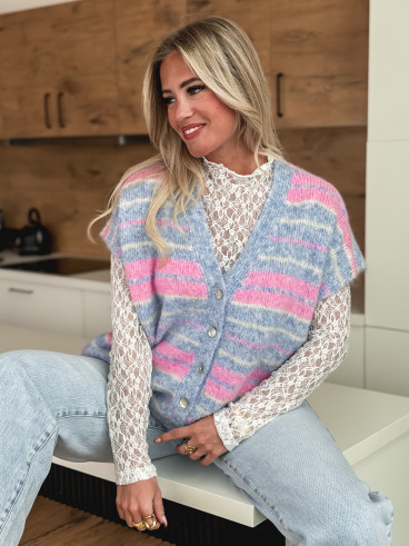 Gilet sans manches ligné Janice - Bleu/Rose