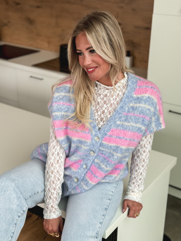 Gilet sans manches ligné Janice - Bleu/Rose