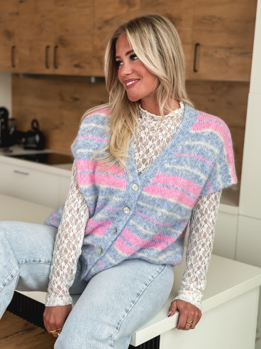 Gilet sans manches ligné Janice - Bleu/Rose