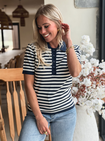 Polo ligné Clarence - Bleu marine/Blanc