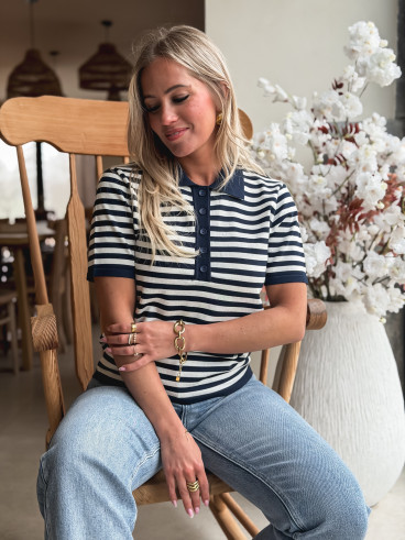 Polo ligné Clarence - Bleu marine/Blanc