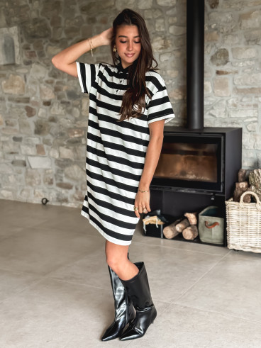 Robe longue lignée Sylviana - Noir/Blanc