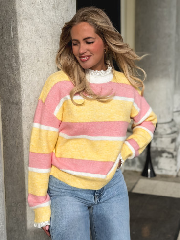 Pull ligné Sia - Jaune/Rose