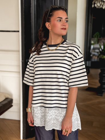 T-shirt ligné Flavia - Bleu marine/Ecru