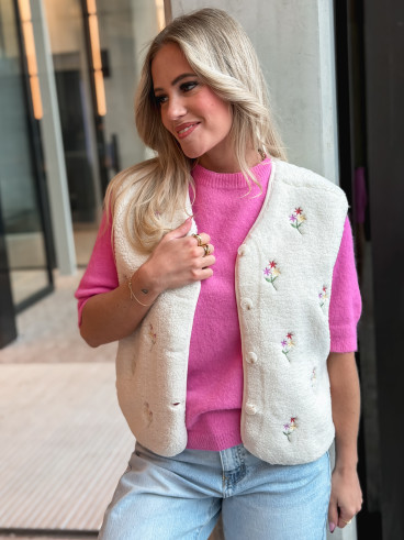 Gilet teddy à fleurs Tylia - Écru