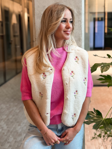 Gilet teddy à fleurs Tylia - Écru