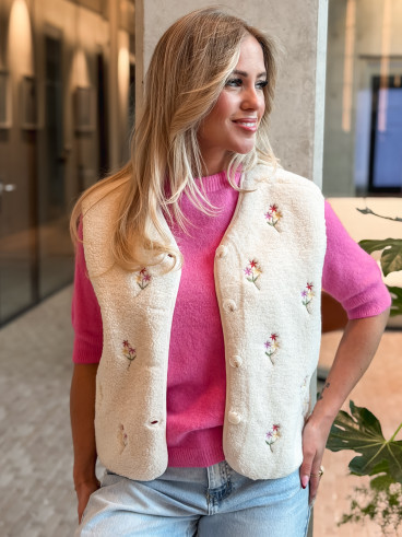 Gilet teddy à fleurs Tylia - Écru
