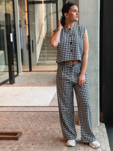 Pantalon à carreaux Esyla - Bleu marine/Blanc