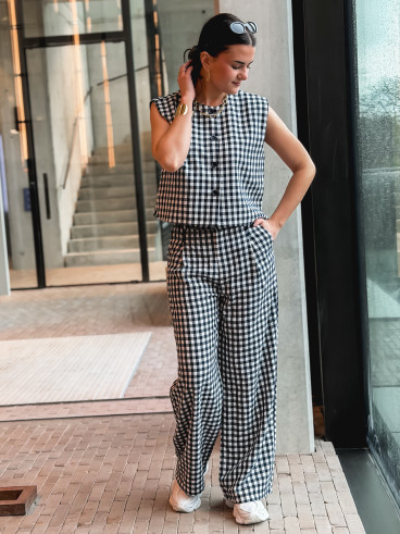 Pantalon à carreaux Esyla - Bleu marine/Blanc