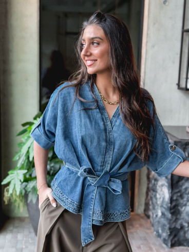 Blouse cache coeur en jeans Christina - Bleu Blouse cache coeur en jeans Christina - Bleu